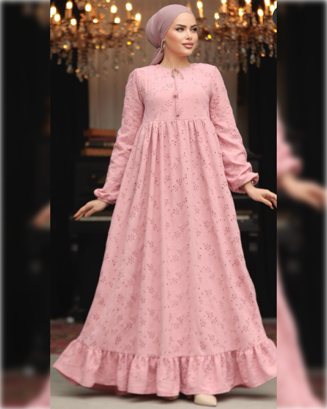 Bella Eyelet Embroidery Long Dress in Light Pink Shade فستان بيلا الصيفي المطرّز  الطويل باللون الزهري الفاتح الجميل