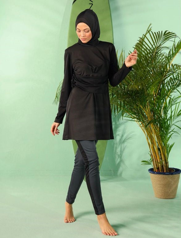 Elegant black swimsuit with full head cover