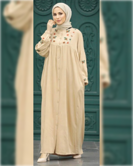 Hala Chic Abaya Dress for Summer in Biege Shade   عباءة هلا الصيفية  بلون البيج الجميل و تفاصيل أنيقة
