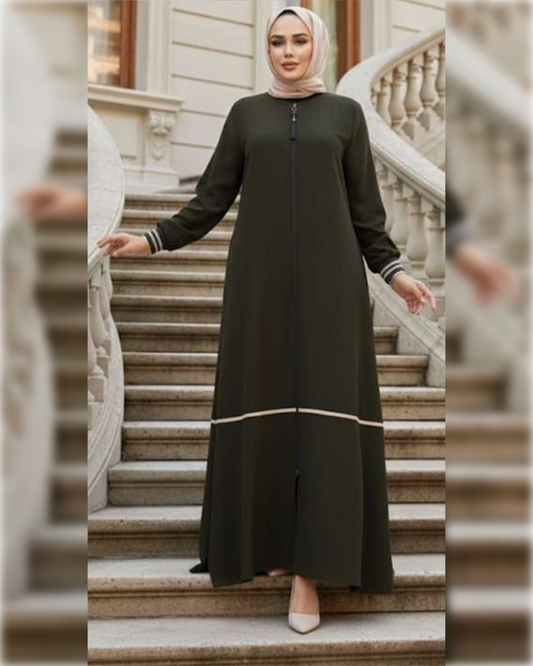 Modern Zip-Front Abaya in Dark Olive Shade عباءة عصرية أنيقة بسحاب أمامي باللون الأخضر الزيتوني الجميل
