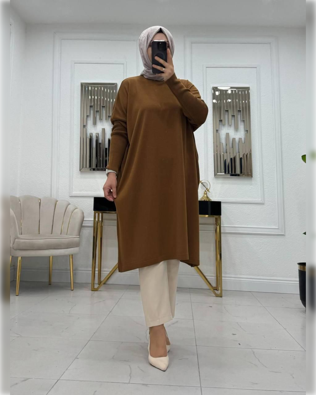 Cozy Long Blouse in Brown Shade   بلوزة شتوية دافئة باللون البني الجميل
