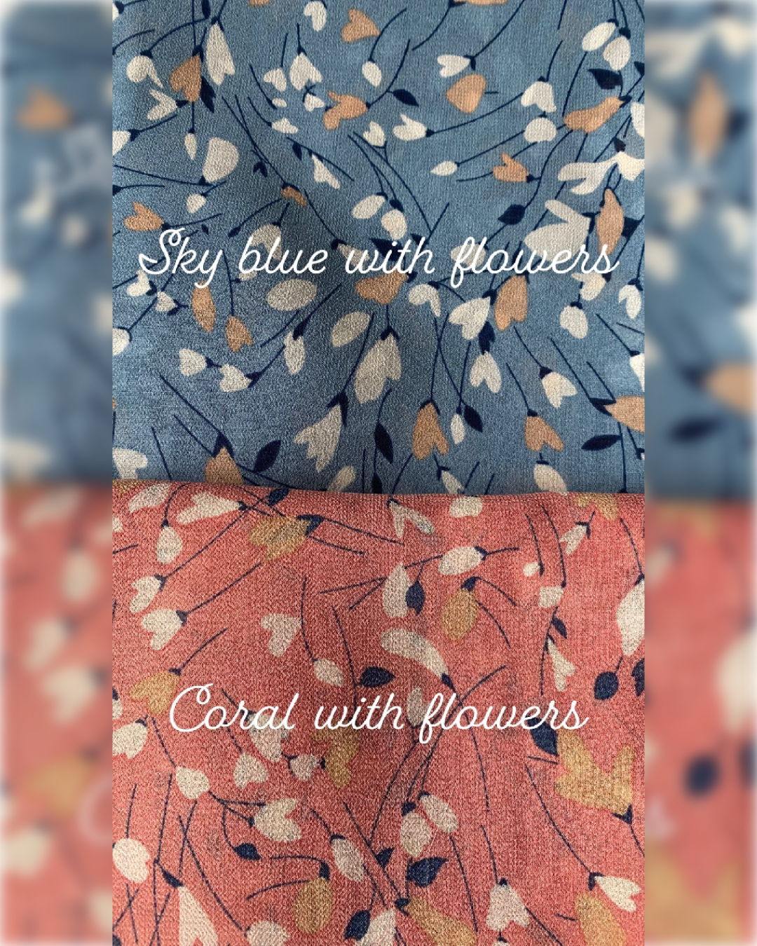 Naya Georgette Hijabs in Beautiful Sky Blue / Coral Tones with Floral Prints حجابات نايا الجورجيت باللون الأزرق السماوي أو المرجاني و بنقشة الورود الناعمة