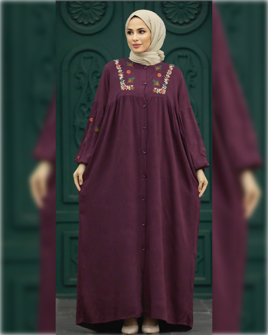 Hala Chic Abaya Dress for Summer in Maroon Shade   عباءة هلا الصيفية  باللون الخمري الجميل و تفاصيل أنيقة