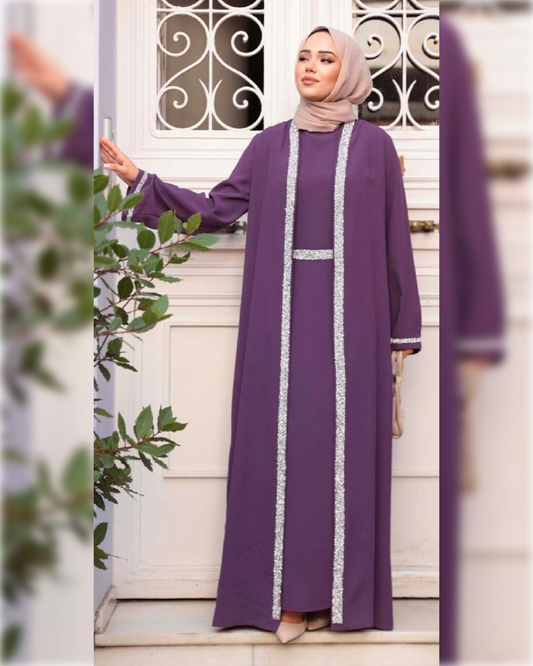 Elegant Purple Abaya with Silver Embellished Trim  عباءة جورجيت كلاسيكية أنيقة باللون البنفسجي الجميل