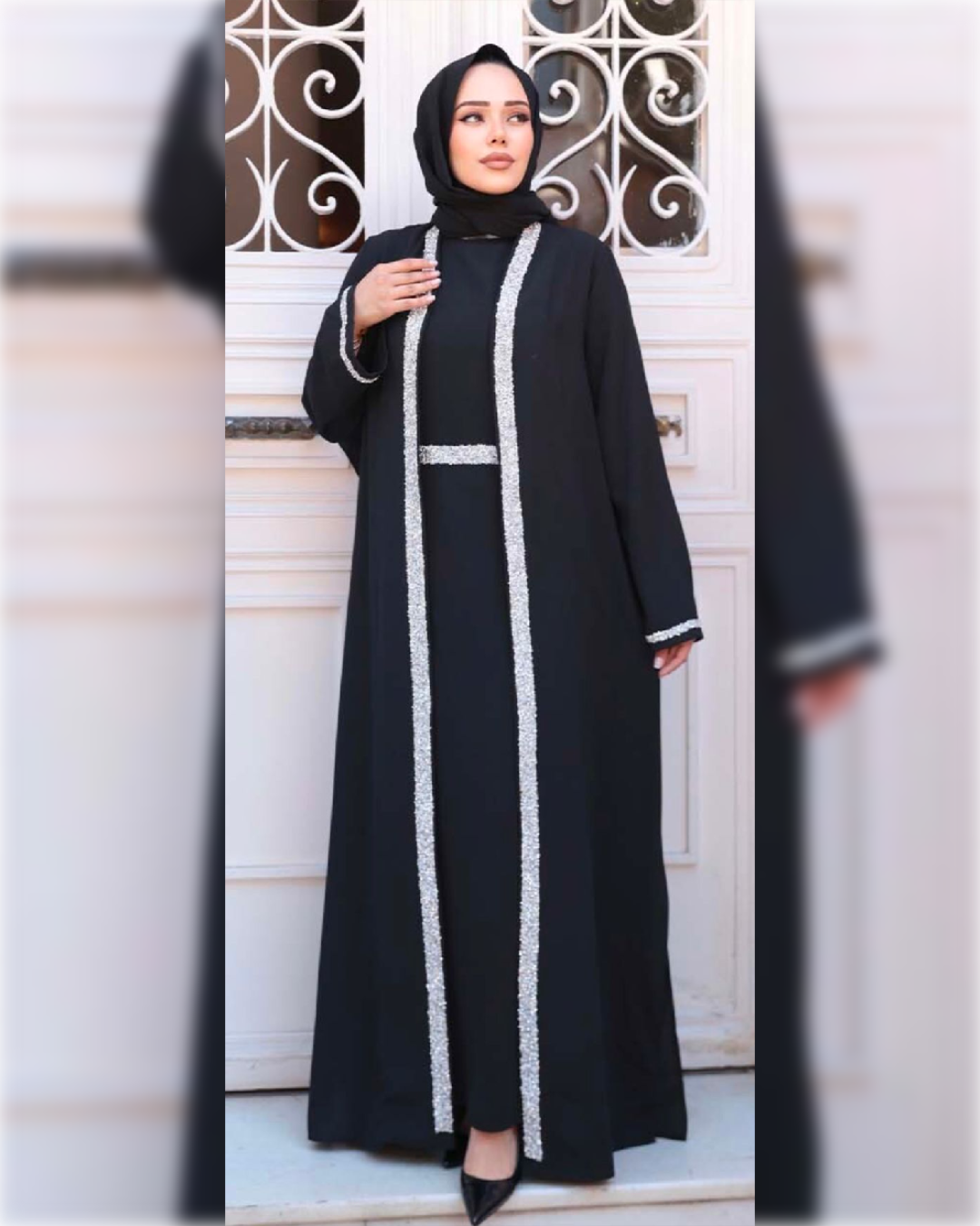 Elegant Black Abaya with Silver Embellished Trim  عباءة جورجيت كلاسيكية أنيقة باللون الأسود الجميل