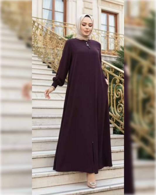 Modern Casual Zip-Front Abaya in Plum Shade عباءة عصرية عملية بسحاب أمامي باللون العنابي الجميل