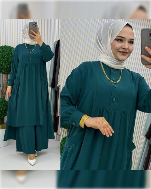 Casual Silky 2-Pieces Outfit in Dark Green Shade  طقم حريري عملي مكون من قطعتين باللون الأخضر الغامق الجميل