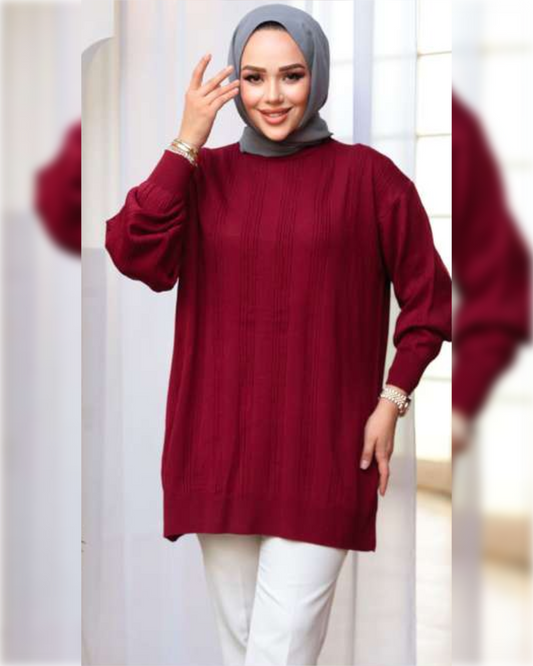 Cozy Longline Textured Blouse in Maroon Shade   بلوزة شتوية دافئة بخطوط طولية باللون الخمري الجميل