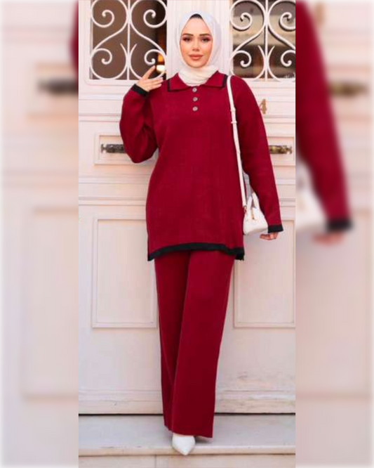 Casual Tricot Red 2-Pieces Outfit in Wool طقم شتوي من الصوف الناعم مكون من قطعتين باللون الأحمر الجميل