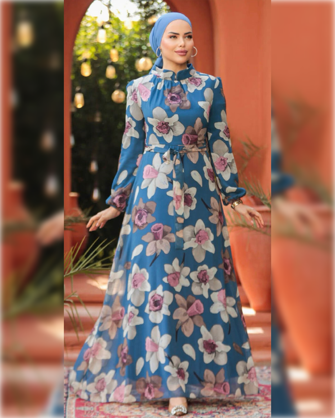 Fatimah Light Blue Elegant Chiffon Dress with Floral Print  فستان فاطمة الأنيق من الشيفون باللون الأزرق الفاتح و بنقشة الورود الجميلة