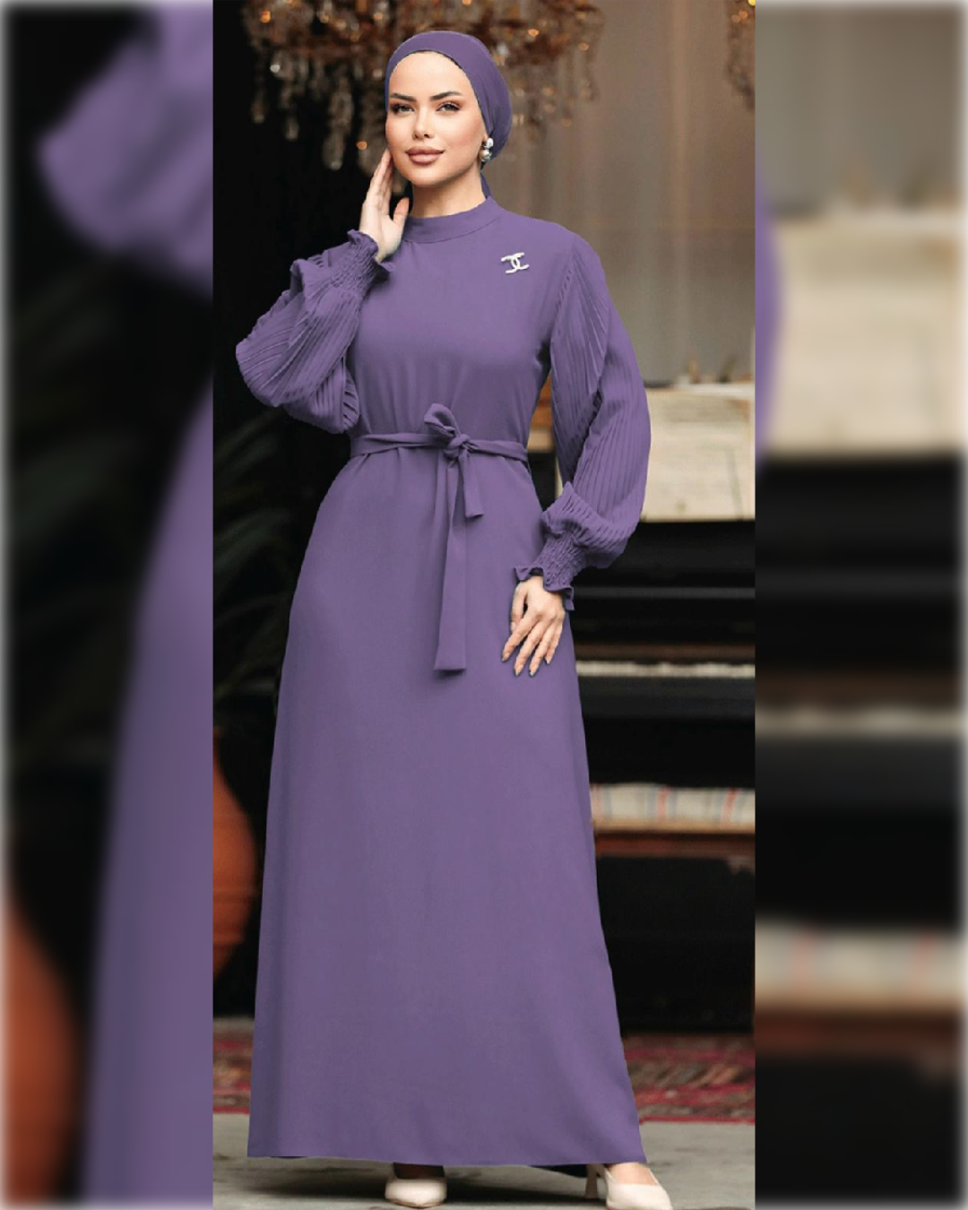 Fatimah Chic - Chiffon Dress in Light Purple Shade   فستان فاطمة الكلاسيكي الأنيق من الشيفون المبطن باللون البنفسجي الفاتح الجميل