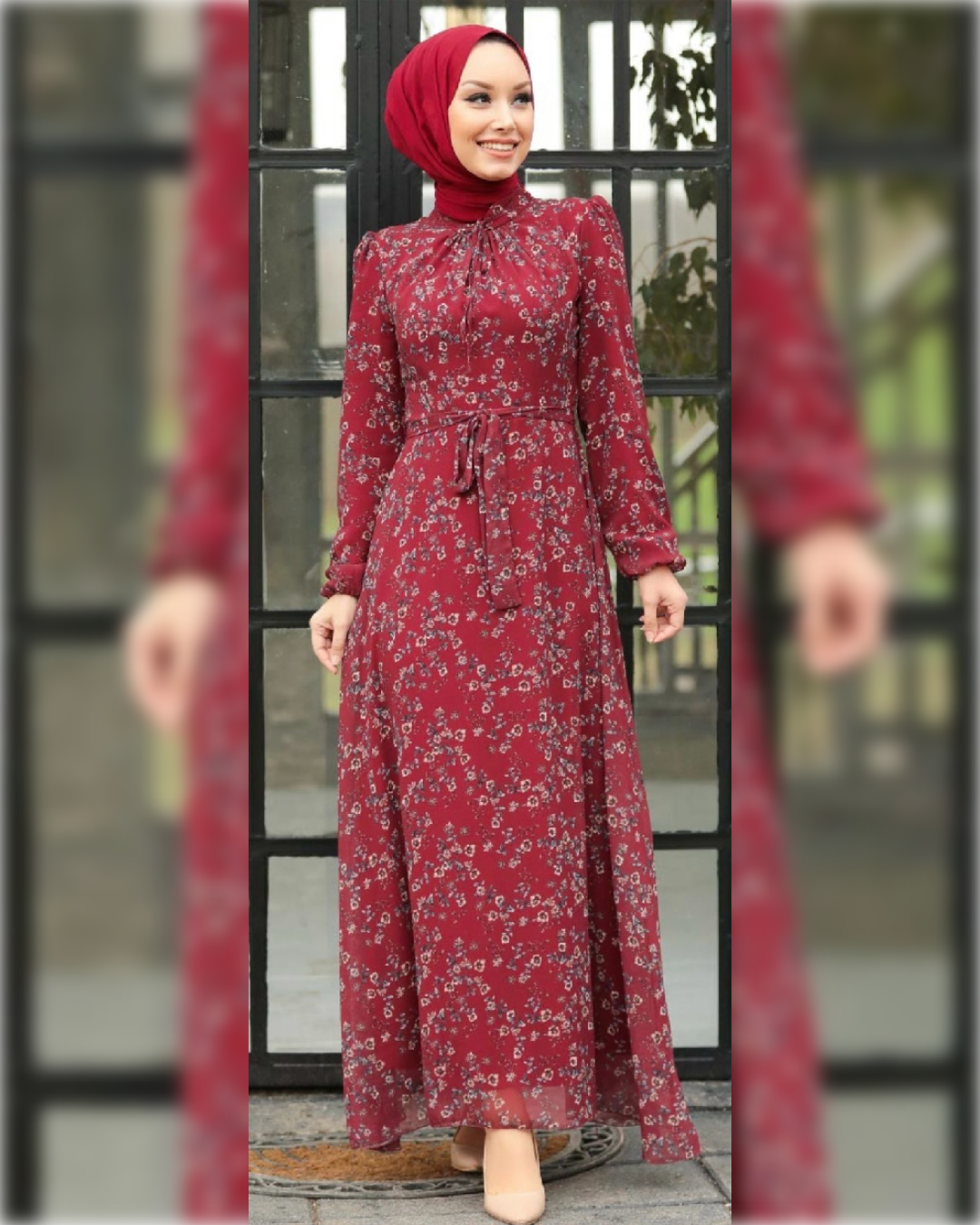 Fatimah Red Elegant Chiffon Dress with Floral Print  فستان فاطمة الأنيق من الشيفون باللون الأحمر و بنقشة الورود الجميلة