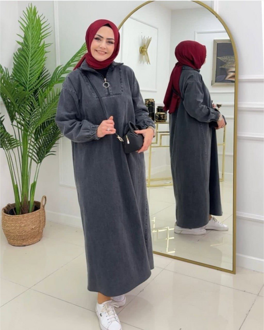 Cozy Casual Denim-Style Maxi Dress in Dark Shade  فستان جينز عملي طويل و دافئ بدرجة لون غامق