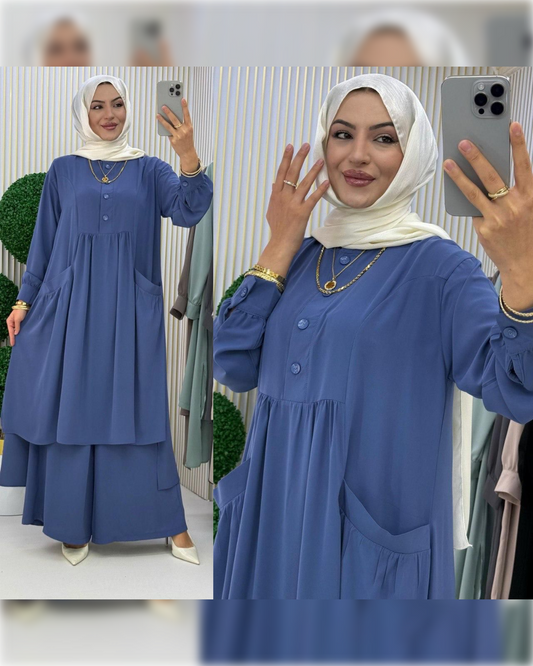 Casual Silky 2-Pieces Outfit in Light Blue Shade  طقم حريري عملي مكون من قطعتين باللون الأزرق الفاتح الجميل