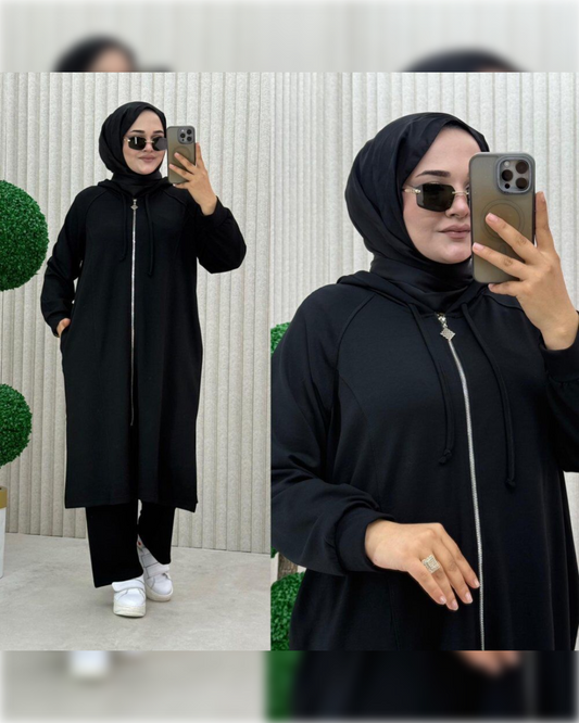 Cozy Cotton Sportswear of 2-Pieces in Black Shade بدلة رياضية دافئة من قطعتين باللون الأسود الجميل