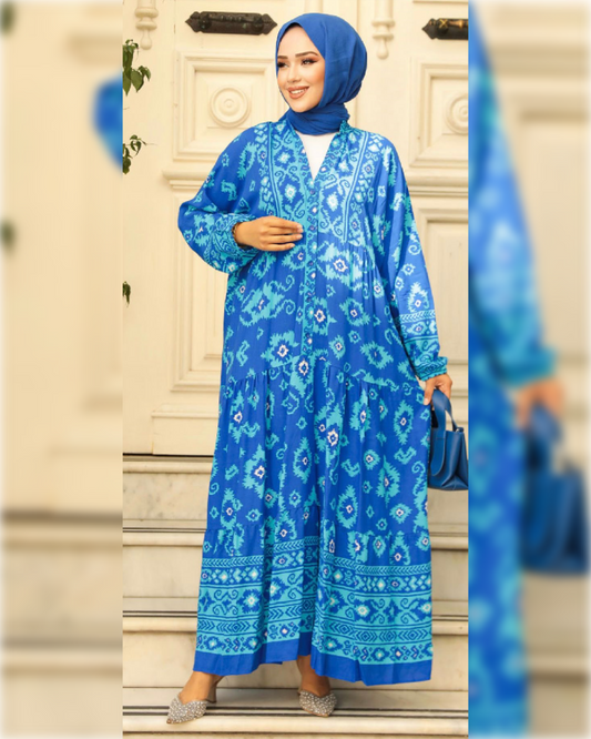 Alma Blue, Casual Dress with White Prints فستان ألما العملي باللون الأزرق و النقوش البيضاء الجميلة