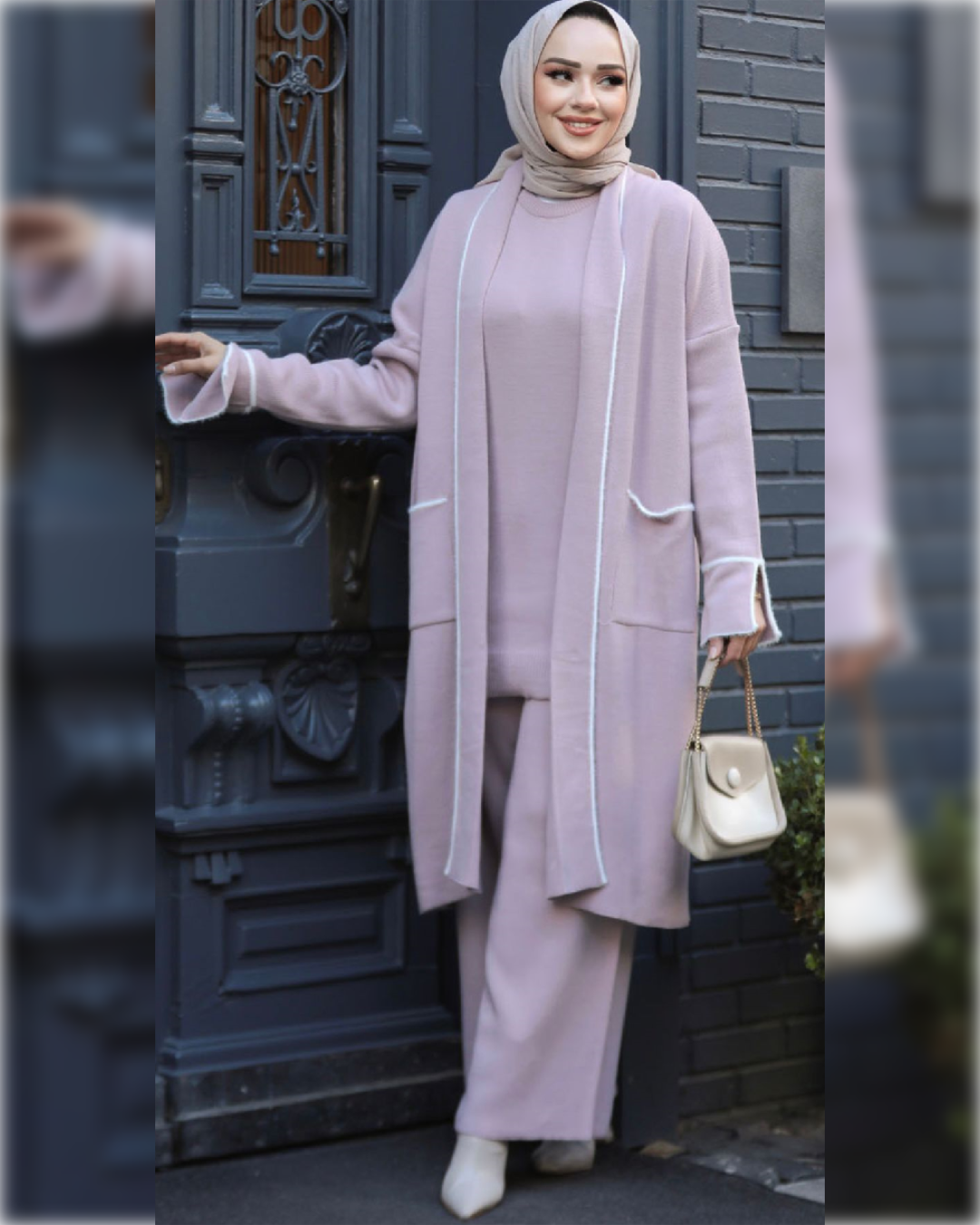 Ahlam Elegant Woolen Outfit of 3-Pieces in Gorgeous Light Shade  طقم أحلام الشتوي الأنيق المكون من ثلاثة قطع بلون فاتح مميز
