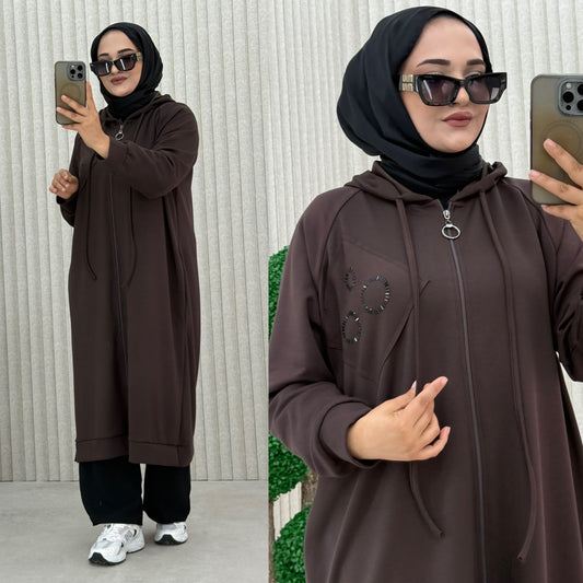 Casual Long Hooded Zip Up Cardigan in 3 Gorgeous Shades كارديجان عملي طويل بسحاب متوفر بثلاثة ألوان جميلة