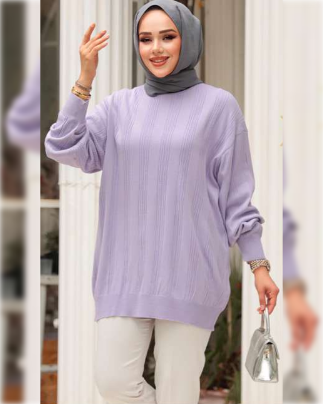 Cozy Longline Textured Blouse in Light Purple Shade   بلوزة شتوية دافئة بخطوط طولية باللون البنفسجي الفاتح الجميل