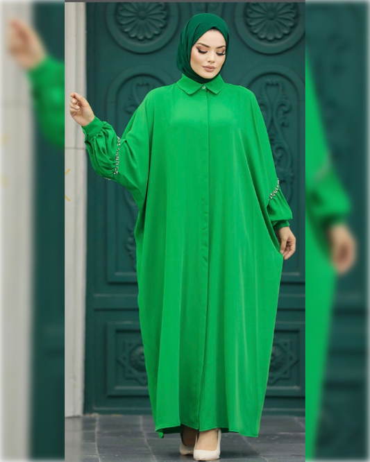 Elegant Abaya Dress in Green Shade for Summer عباءة صيفية أنيقة باللون الأخضر الجميل