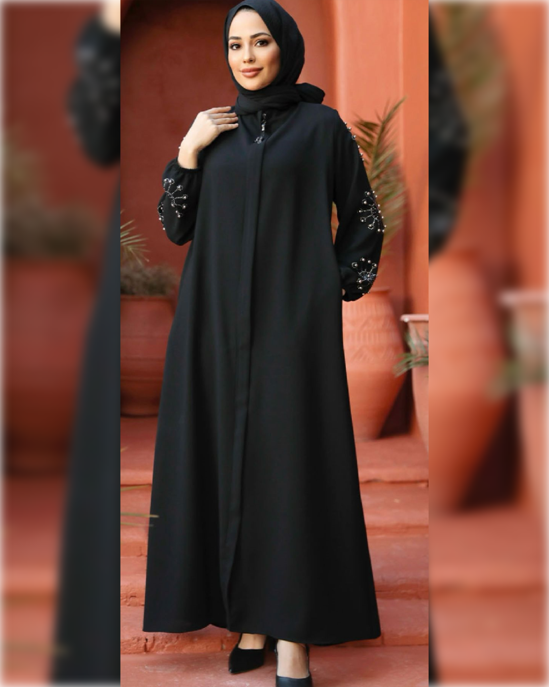 Fatimah Beaded Abaya Dress for Summer in Black Shade   عباءة فاطمة الصيفية المزينة بالخرز  باللون الأسود الجميل