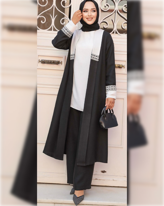 Ahlam Elegant Aerobin Outfit of 3-Pieces in Black Shade  طقم أحلام الأنيق من قماش الأيروبين مكون من ثلاثة قطع باللون الأسود الجميل