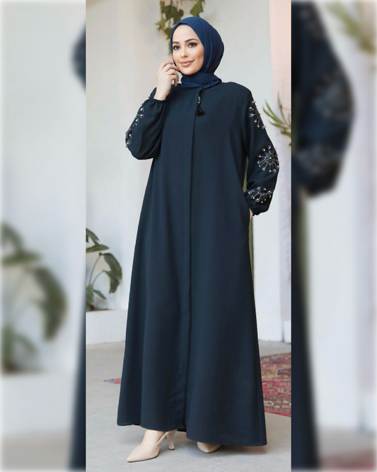 Fatimah Beaded Abaya Dress for Summer in Navy Shade   عباءة فاطمة الصيفية المزينة بالخرز  باللون الكحلي الجميل