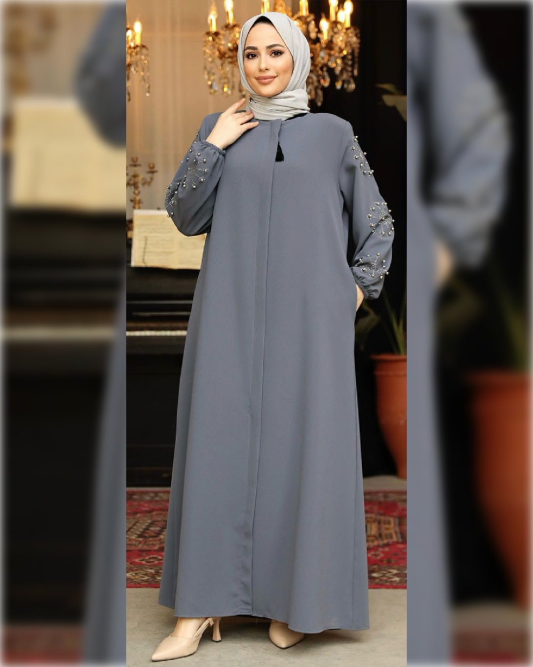 Fatimah Beaded Abaya Dress for Summer in Light Gray Shade   عباءة فاطمة الصيفية المزينة بالخرز  باللون الرمادي الفاتح الجميل