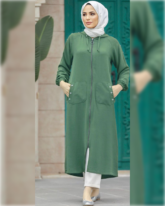 Maram Hooded Long Cardigan in Light Green Shade  كارديجان مرام الصيفي الطويل بقلنسوة و باللون الأخضر الفاتح الجميل