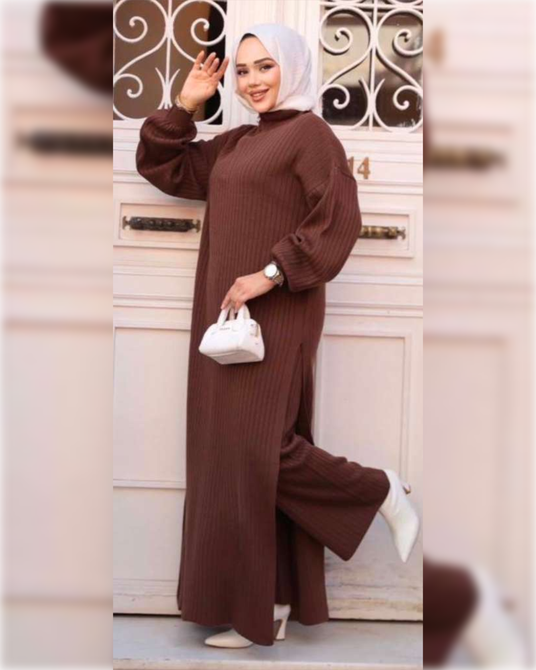 Elegant Cozy knit set of 2-Pieces in Brown   طقم شتوي أنيق من الصوف الناعم من قطعتين باللون البني الجميل