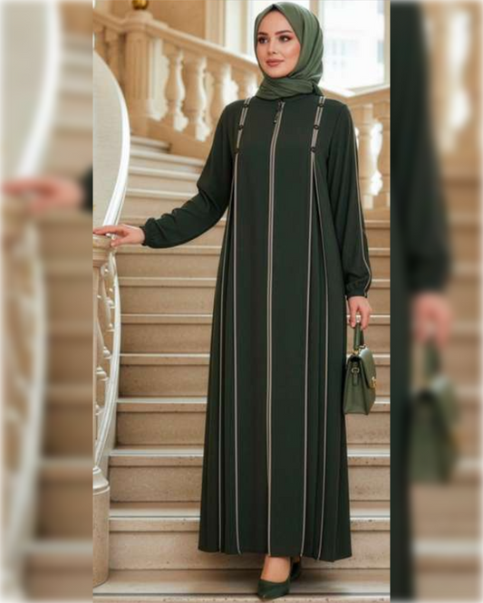 Classic Zip-Front Abaya in Dark Green Shade عباءة أنيقة بسحاب أمامي باللون الأخضر الداكن الجميل