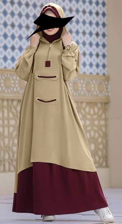 Sporty Hooded Abaya Dress in Beige Shade  عباءة رياضية بقلنسوة باللون البيج الجميل