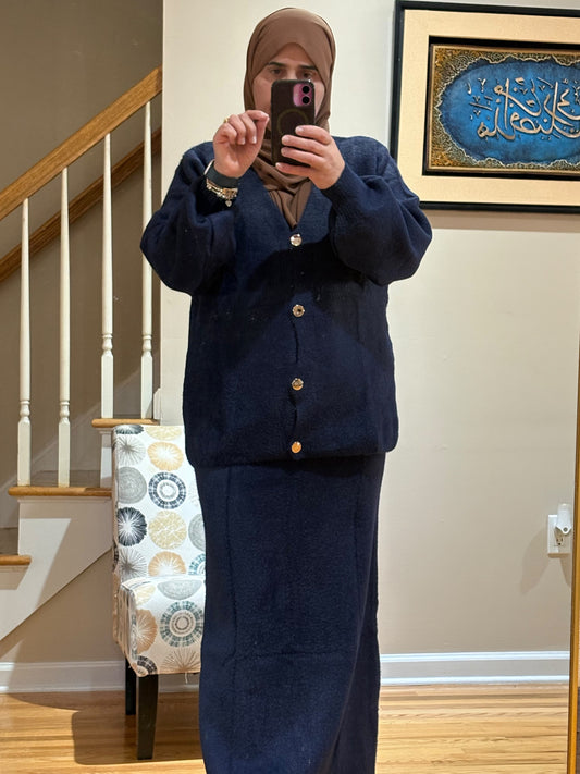 Elegant Two-Piece Knit Cardigan & Maxi Skirt Set طقم تريكو أنيق من قطعتين كارديجان و تنورة طويلة