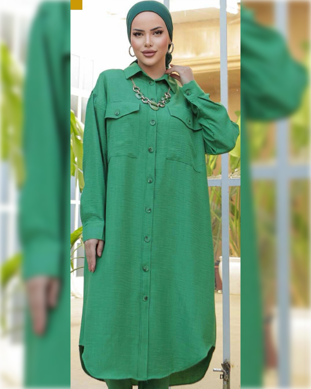 Suha Midi Tunic Fully buttoned in Green Shade قميص سهى الطويل و الواسع باللون الأخضر الجميل