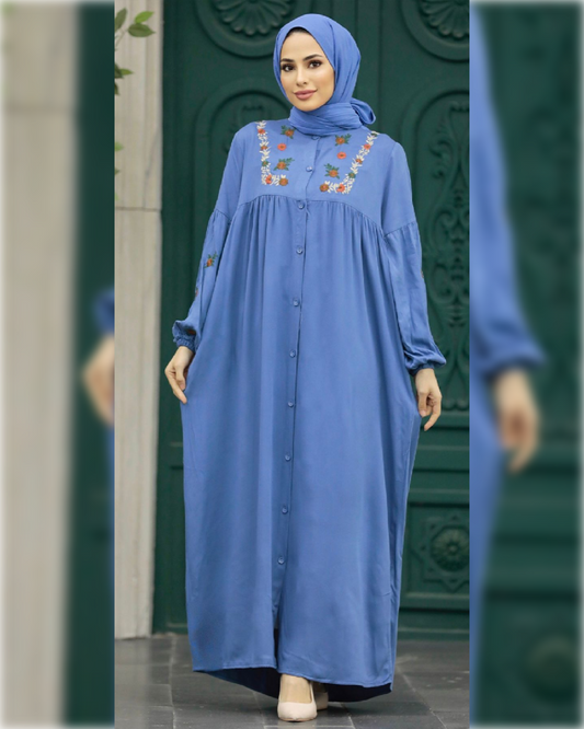 Hala Chic Abaya Dress for Summer in Light Blue Shade   عباءة هلا الصيفية  باللون الأزرق الفاتح الجميل و تفاصيل أنيقة