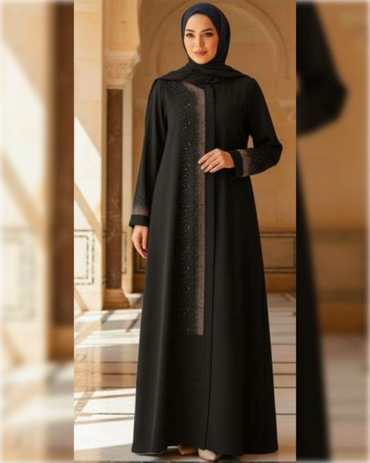 Elegant Black Abaya with Golden Rose Detailing عباءة أنيقة باللون الأسود الجميل و زخارف باللون النحاسي الجميل