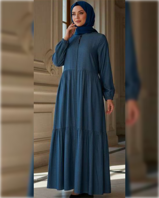 Casual Flowing Zip-Front Abaya in Dark Blue Shade عباءة عملية أنيقة بسحاب أمامي باللون الأزرق الداكن الجميل