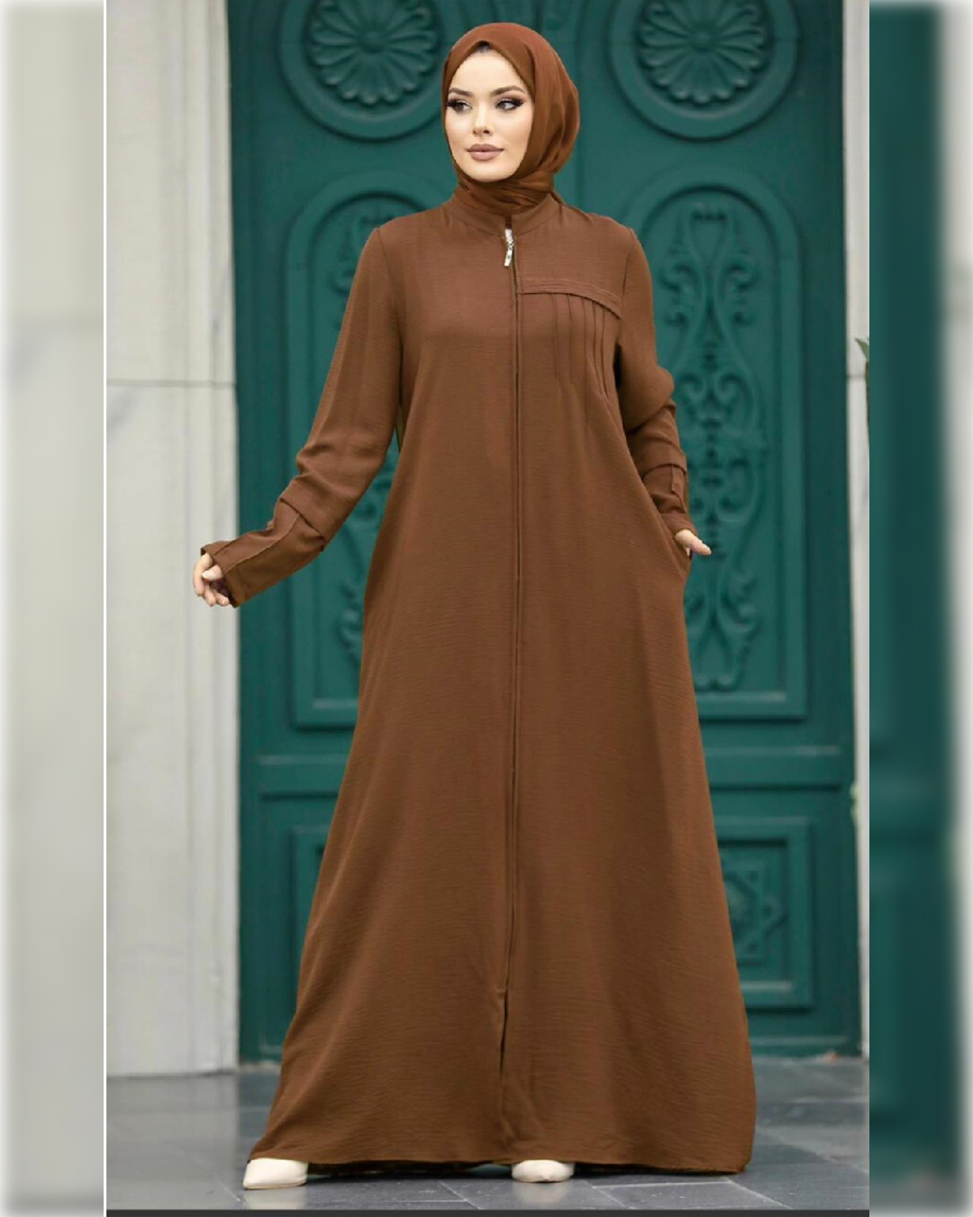 Casual -  Aerobin Abaya Dress in Light Brown Shade عباءة أنيقة من قماش الايروبين باللون البني الفاتح الجميل
