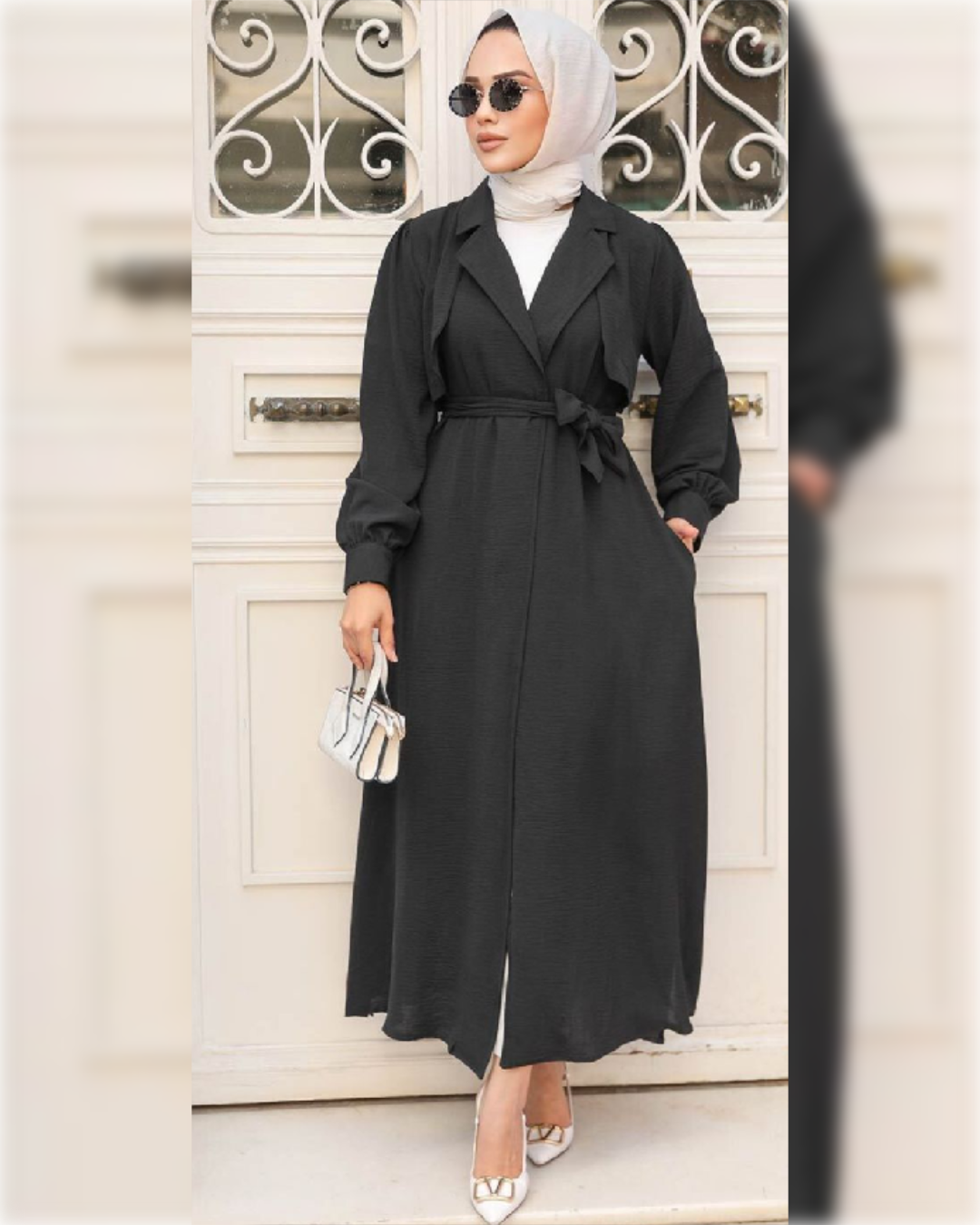 Long Belted Aerobin Cardigan in Black Shade  كارديجان طويل بحزام و بياقة مميزة من قماش الأيروبين باللون الأسود الجميل