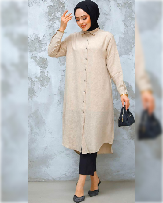 Ahlam Linen - Knee Length Buttoned Tunic in Beige Shade قميص أحلام الصيفي الطويل من قماش الكتان باللون البيج الجميل