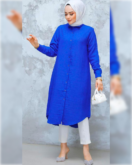 Ahlam Linen - Knee Length Buttoned Tunic in Dark Blue Shade قميص أحلام الصيفي الطويل من قماش الكتان باللون الأزرق الداكن الجميل