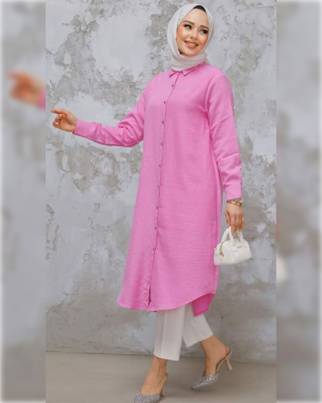 Ahlam Linen - Knee Length Buttoned Tunic in Pink Shade قميص أحلام الصيفي الطويل من قماش الكتان باللون الزهري الجميل