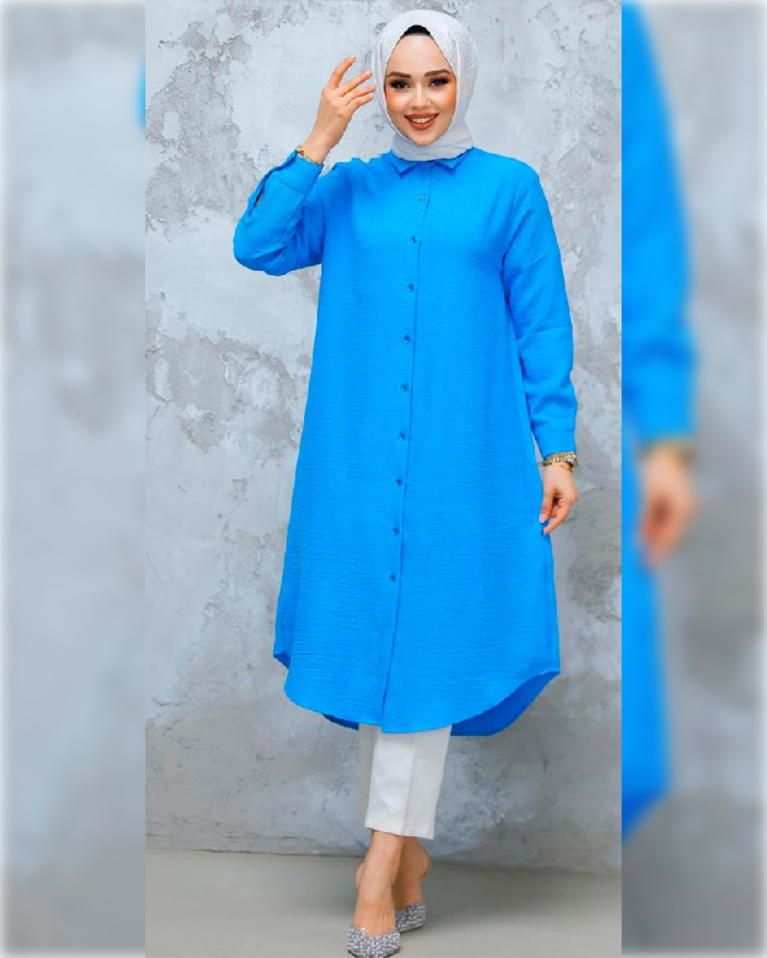 Ahlam Linen - Knee Length Buttoned Tunic in Royal Blue Shade قميص أحلام الصيفي الطويل من قماش الكتان باللون الأزرق الملوكي الجميل