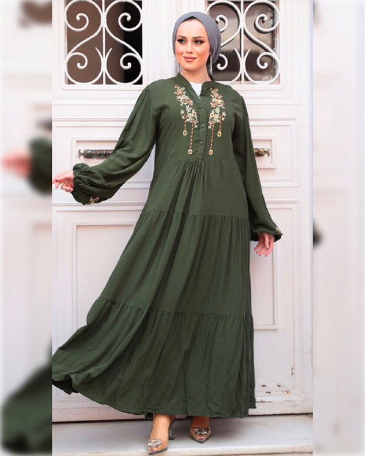 Salma Casual Cotton Dress in Army Green Shade فستان سلمى العملي من القطن الناعم باللون الأخضر الجميل