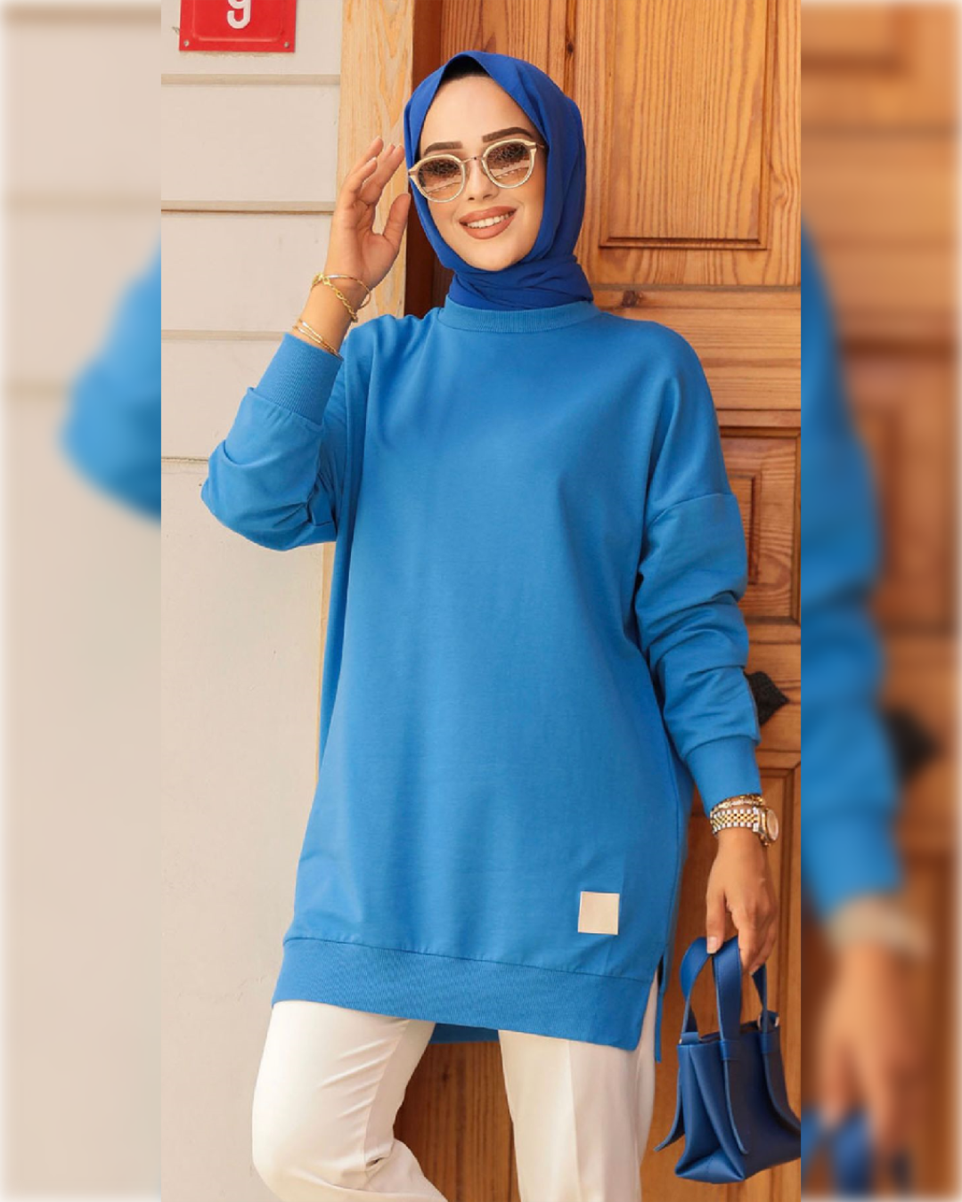 Cozy Long Cotton Blouse in Blue Shade   بلوزة رياضية قطنية دافئة باللون الأزرق الجميل (Copy)