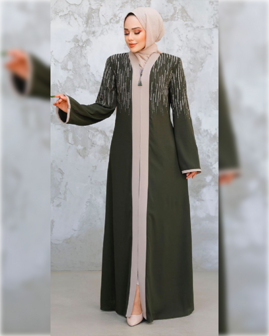 Rula Chic Abaya Dress in Olive Green Shade   عباءة رولا باللون الأخضر الزيتوني الجميل و تفاصيل أنيقة