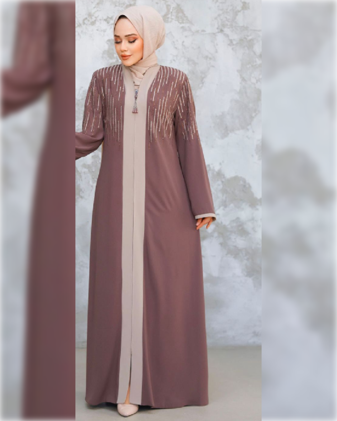 Rula Chic Abaya Dress in Dusty Rose Shade   عباءة رولا باللون الوردي الفاتح الجميل و تفاصيل أنيقة