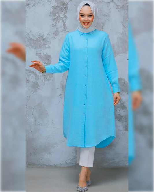 Ahlam Linen - Knee Length Buttoned Tunic in Light Blue Shade قميص أحلام الصيفي الطويل من قماش الكتان باللون الأزرق الفاتح الجميل