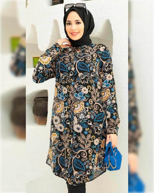 Lara Cotton - Long Tunic in Black Shade with Floral Prints قميص لارا القطني الصيفي الطويل باللون الأسود الجميل و نقوش الزهور