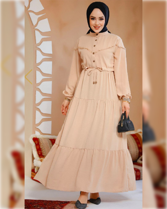 Sama Aerobin - High Waist Dress in Beige Shades فستان ساما الصيفي ذو الخصر العالي من نسيج الأيروبين باللون البيج الجميل